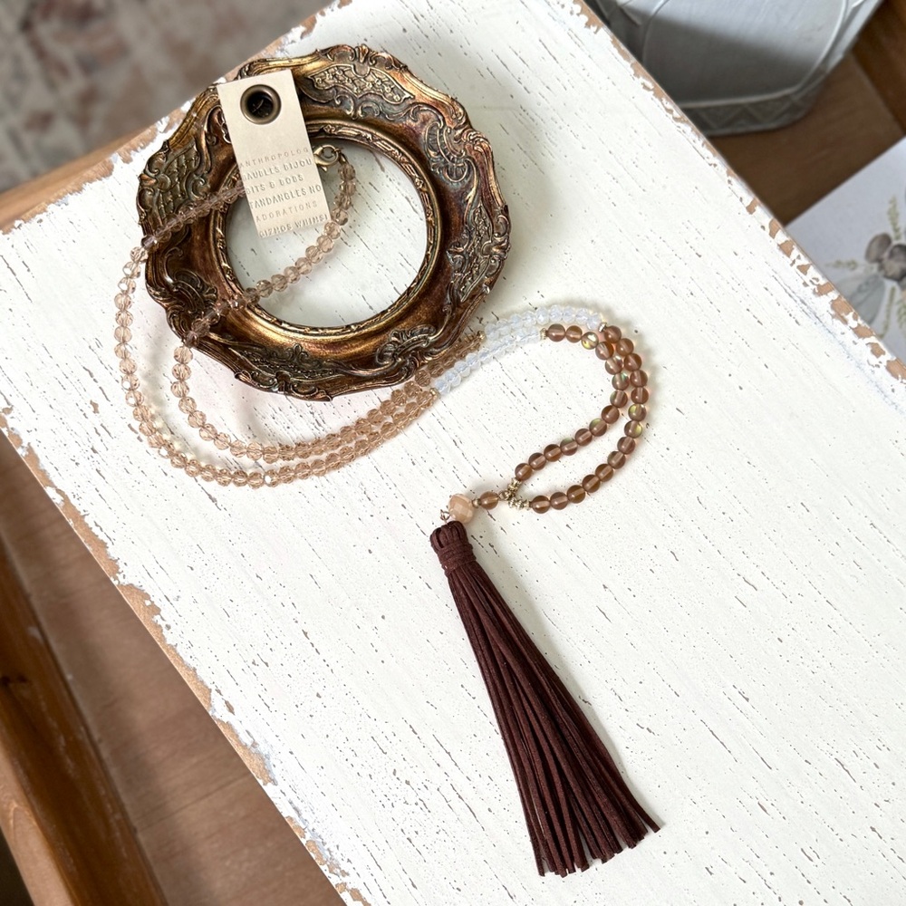 Anthropologie Beaded Leather Tassel Necklace